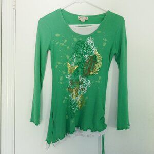 Knitworks girls asymetric hem long sleeve green top bell sleeves size L